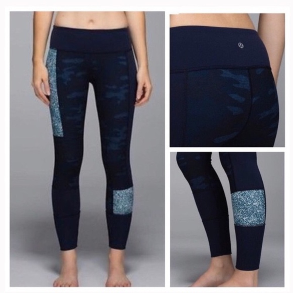 Lululemon Wunder Under Sashiko Navy Camo Leggings Size 4 Workout Athletic